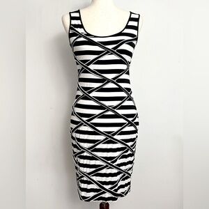 Calvin Klein Tank Dress Women’s Sz 4 Stripes Blk/White Criss Cross Knit Raw Edge